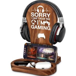 CryCarrot Gamer Gifts for Men Teenage Boys Birthday Easter Basket Stuffers, Headphone Stand Gaming Easter Gifts for Him Men Son Boyfriend Brother, Gamer Lovers Room Decor Stuff Wooden Headset Holder