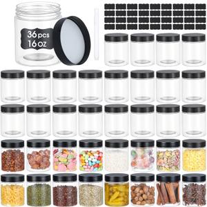 36PCS16OZ Plastic Jars with Screw On Lids, Labels Refillable Empty Round Slime Containers for Storing Dry Food, Honey Jam, Cream, Butter, Lotion (matte black)