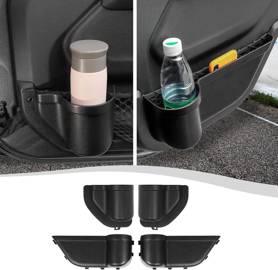 Front & Rear Door Side Insert Storage Box, Door Organizer Pockets Fit for 2018-2026 Jeep Wrangler JL JLU & Gladiator JT, 4Pcs Black Cup Holder Interior Storage Expansion Accessories