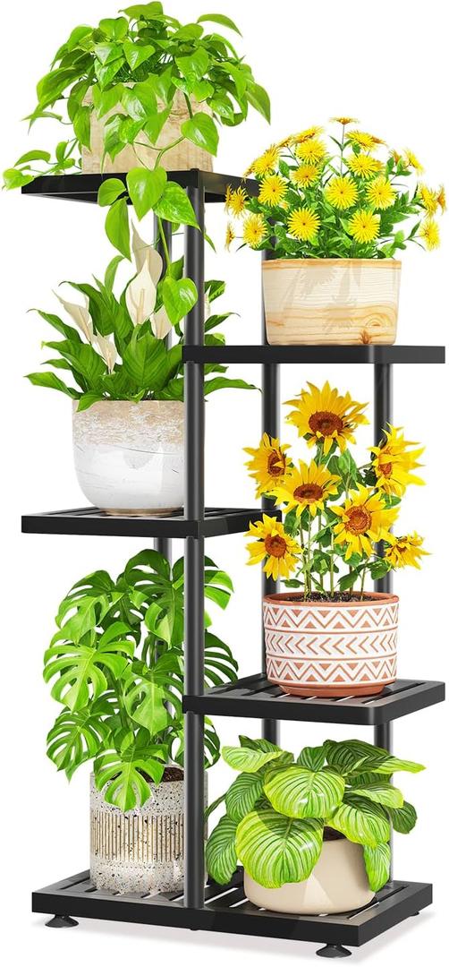 LASZOLA 4 Tier Plant Stand Indoors Outdoors for Large Heavy Duty Planter, Black Metal Tall Flower Holder Rack with Multiple Shelf for Modern Patio Corner, Vertical Organizer, Weather Resistant Bracket