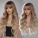 Long Blonde Wigs with Bangs 26Inch Wavy Curly Hair for Women Tangle Free Soft Natural Looking Wig for Daily Party Use (Ombre Highlights Blonde)