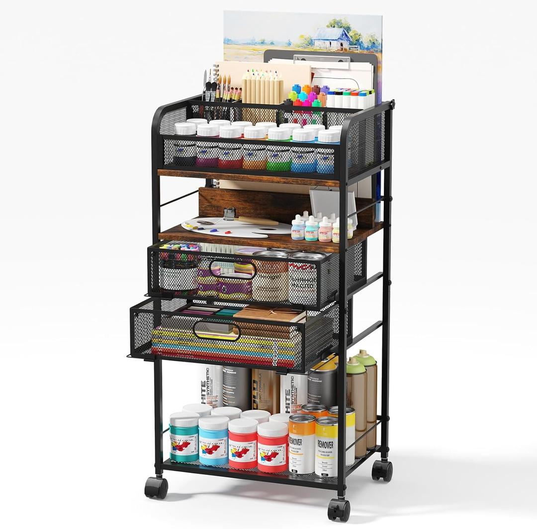 Art cart, 5 Tier Rolling Cart - Utility Cart with Storage Drawer and Wheels, Versatile Art & Craft Organizer for Home, Office, or Studio Ideal for Storing Brushes, Paints (Black)