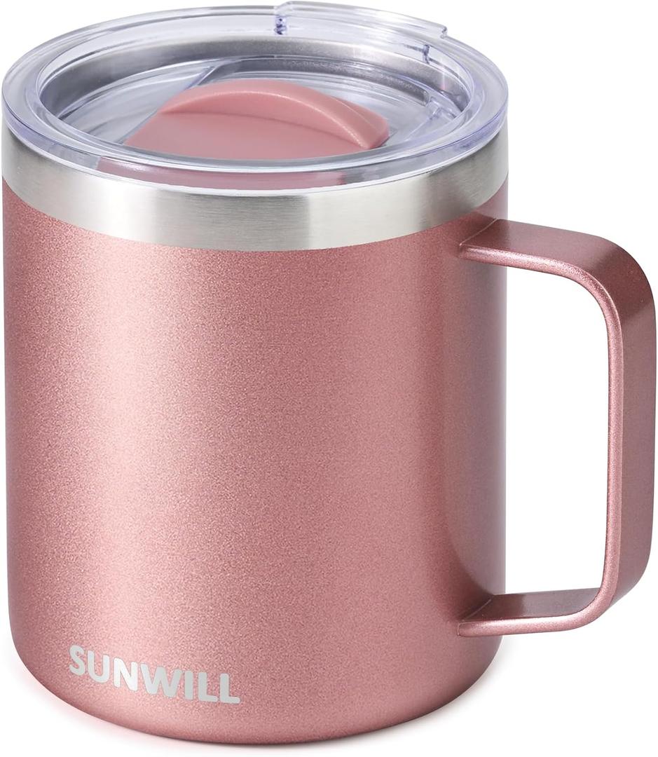 SUNWILL Travel Coffee Mug with Lid, Insulated Tumbler with Handle, 14 oz Stainless Steel Cup for Ice, Water, Tea, Rose Gold | with Lid, Insulated Tumbler, with Handle, Cup, for Ice, Water
