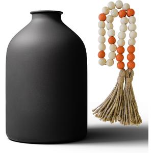 Large Black Vases Home Decor Flower Vase For Centerpieces Living Room 8.6in Tall Black Matte Iron Vase For Coffee & Dining Table Decor Pampas Grass Rustic Modern Wabi Sabi Decor with Wood Bead Garland