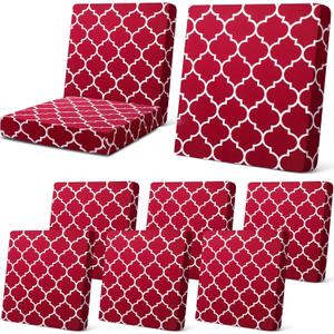 Newwiee 8 Pcs Patio Stretch Sofa Cushion Covers Stripe Outdoor Cushion Covers Replacement Patio Furniture Couch Slipcovers Chair Seat Soft Flexibility Protector(Wine Red)