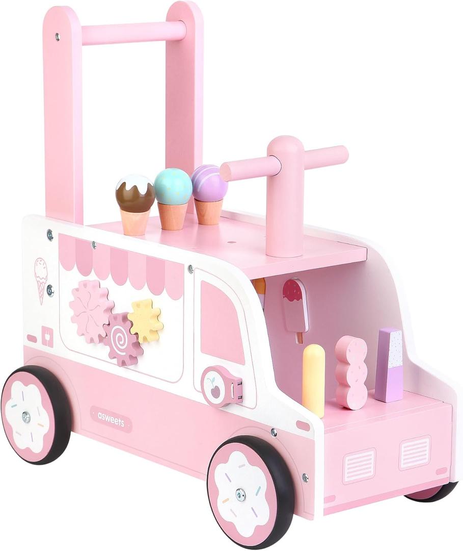 Asweets Wooden Baby Push and Pull Walker with Wheels, Learning Activity Walker for Boys & Girls, Multiple Activities Center, Develops Motor Skills & Stimulates, 17.3''L x 9.1''W x 18.1''H