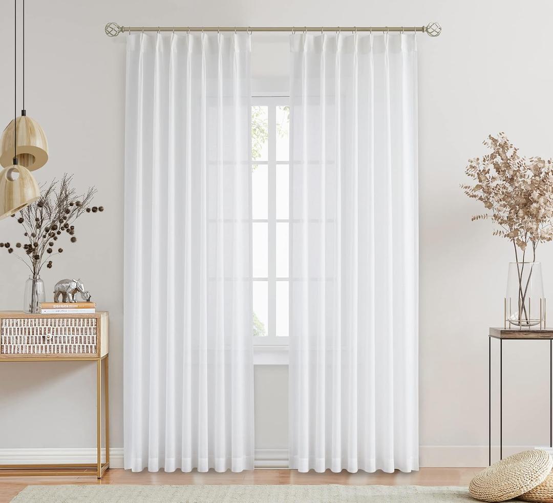 Central Park White Pinch Pleated Sheer Curtain Panels Linen Textured Window Treatment Drape Farmhouse Rustic for Living Room Bedroom, 40"x90"x2