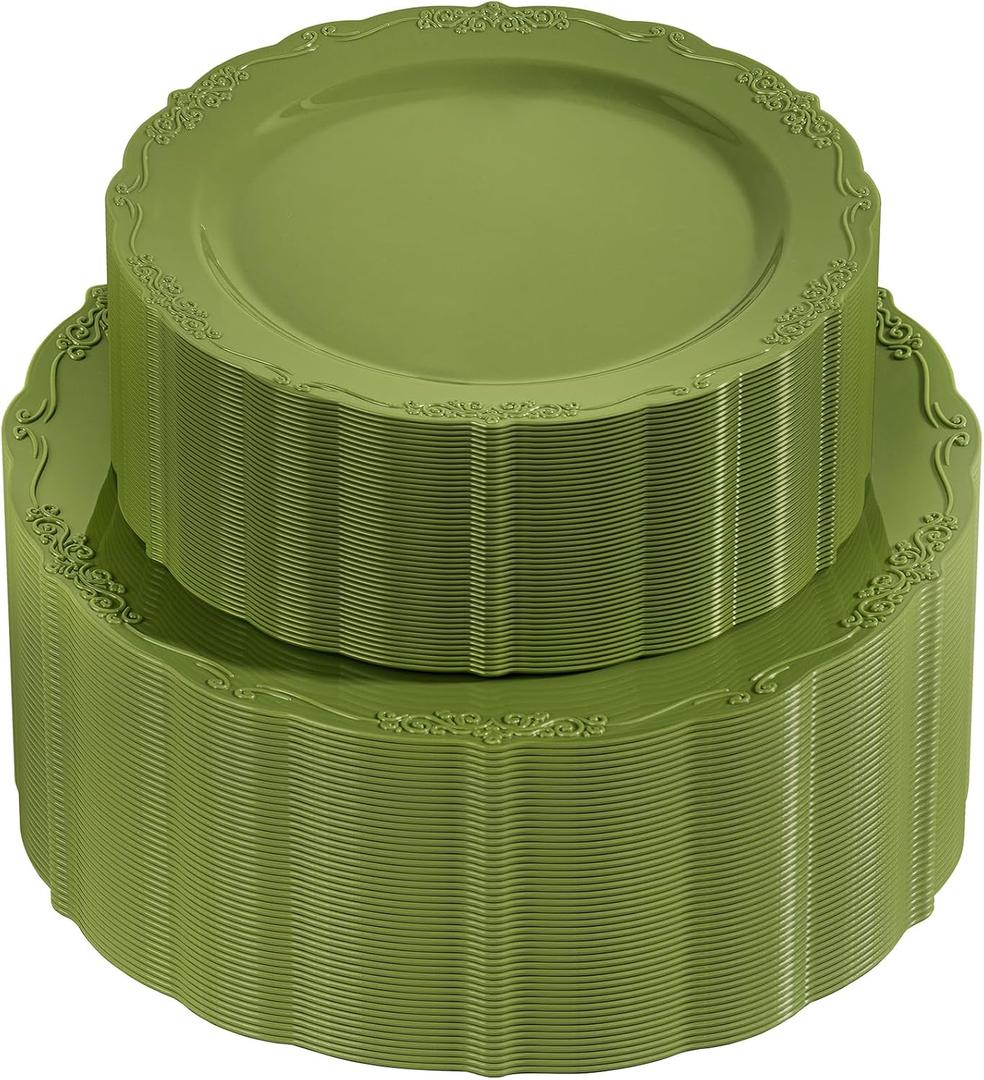 U-QE 100PCS Olive Green Plastic Plates - Plastic Green Plates Disposable Heavy Duty - Olive Disposable Plates for Party Including 50PCS 10'' Dinner & 50PCS 7.5'' Dessert Plate