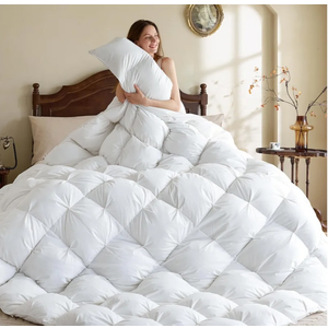 KAKABELL Pinch Pleat Goose Down Feathers Fiber Comforter Full/Queen Size All Season-Ultra Soft and Cozy Noiseless Duvet Insert with Egyptian Cotton Blend Cover,Fluffy Warm Comforter White,90"X90"