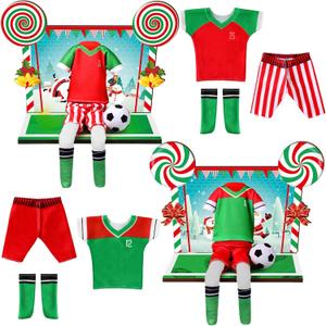 Sotiff 2 Sets/12 Pcs Christmas Doll Accessories Set Include Sports Suit Mini Wooden Soccer Background Board Sports Clothes Soccer Field Set for Xmas Party