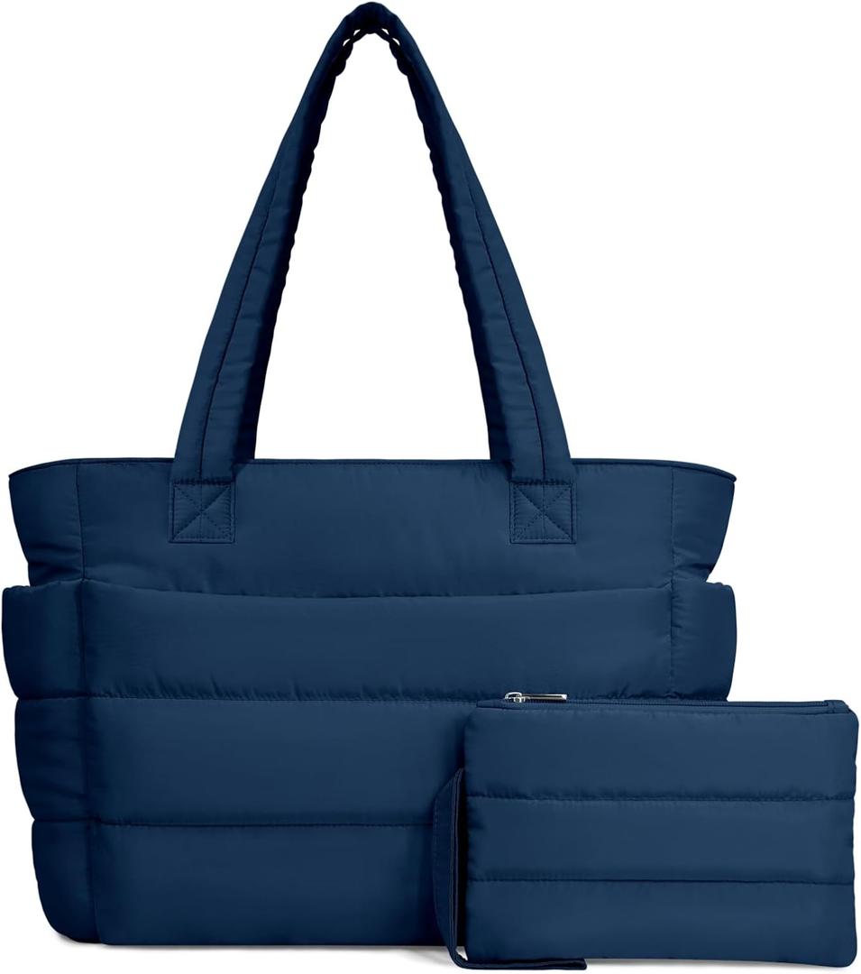 TOPDesign Puffer Tote Bag for Women, Lightweight Puffy Handbag with Compartments, Quilted Shoulder Bag for Work, Travel, Gym (Large, Navy Blue)