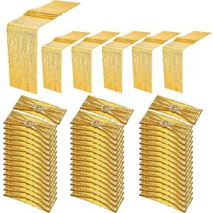 54 Pieces of Gold Sequin Chair Ribbons and Table Runners, 48 ​​Sequin Chair Bows, 6 Glitter Table Runners, Suitable for Wedding Parties Birthday Meeting Events Decorations (Gold)