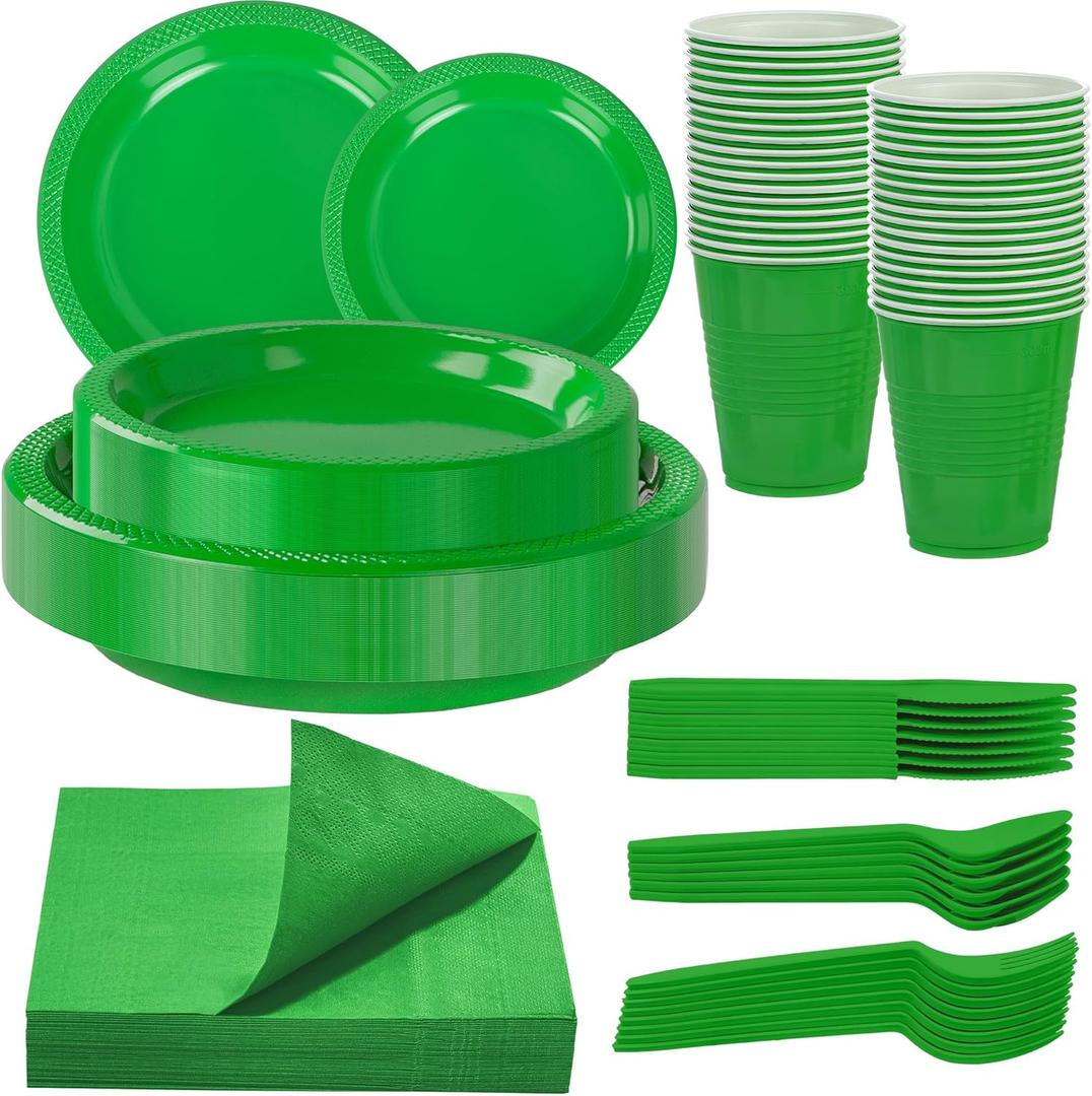 WELLIFE 210 PCS Green Plastic Plates for 30 Guests - Disposable Dinnerware Set Including Dinner Plates, Dessert Plates, 12oz Cups, Cutlery & Napkins, Green Party Plates