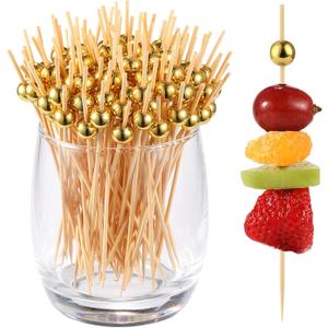 200 Pcs Cocktail Picks, Gold Plastic Ball Decor Skewer for Appetizers, Fruit, Kebabs, Mini Burger, Bamboo Skewers for Drinks, Handheld Toothpicks, Food Sticks Natural, Kitchen Gadget (4.7 inch 200 Pcs)