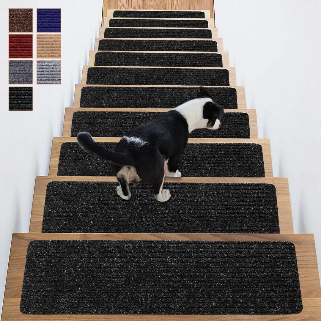 Carpet Stair Treads for Wooden Steps Non-Slip Indoor 16pcs 8x30inch Stair Treads Carpet Anti Slip for Dogs, Elders, Kids Stair Runners for Wooden Steps Stair Pads Mats Covers Pads, Black