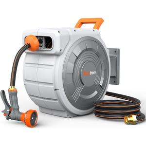 Retractable Garden Hose Reel 85 ft x 1/2 inch, Heavy Duty Automatic Garden Hose Reels, High-Flow, Any Length Lock, 180 Swivel Bracket, Brass Fitting, Wall Mount Water Hose Reel for Outside