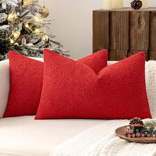 MIULEE 12x20 Inch Decorative Lumbar Pillow Covers for Couch Bed Set of 2 Textured Boucle Neutral Throw Pillow Covers Red Accent Solid Pillowcases Sofa Living Room Home Decor