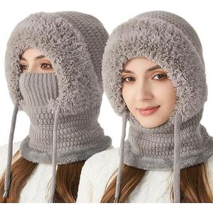3 in 1 Beanie Hat with Scarf and Mask,Autumn and Winter Knitted Hat for Women (Gray)