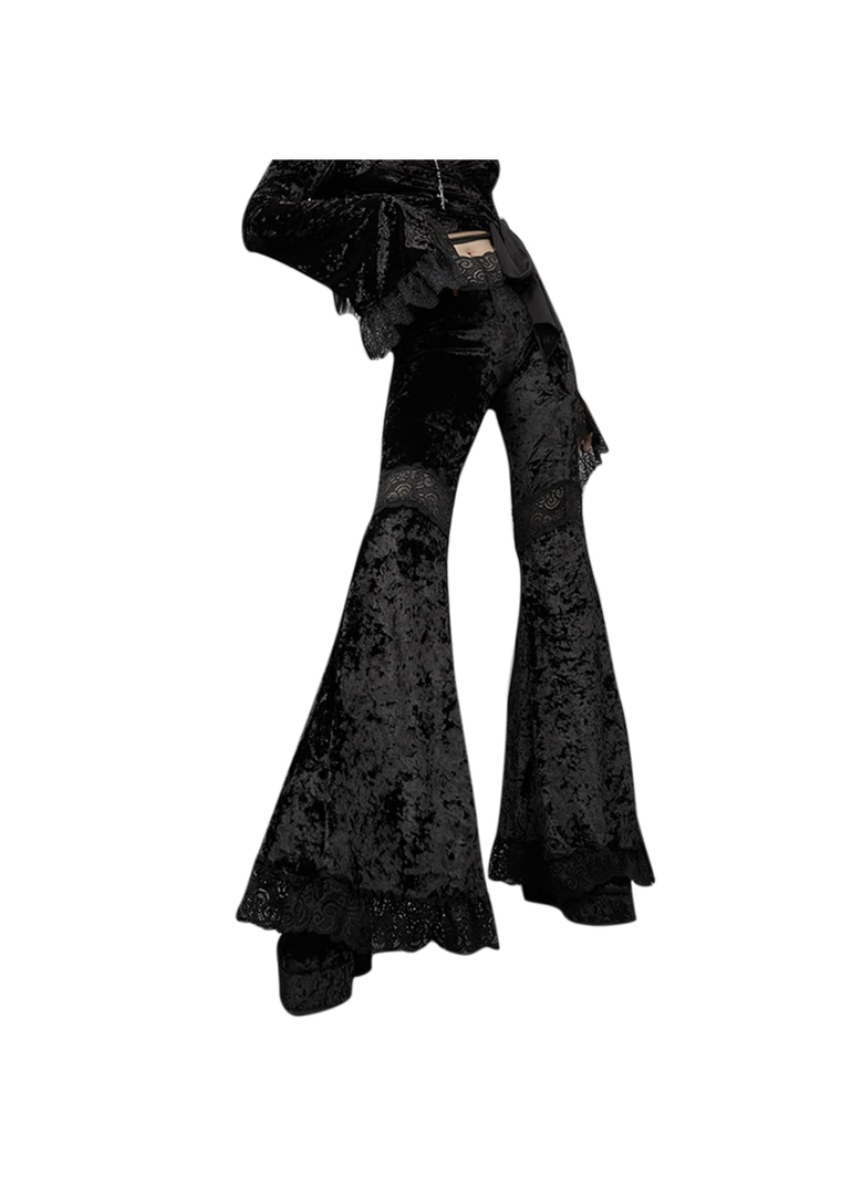 Women Goth Velvet Flare Pants Hollow Out Lace High Waist Bell Bottom Trousers L