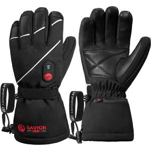 SAVIOR HEAT Heated Gloves for Men Women, Rechargeable Electric Heated Leather Skiing and Snowboarding Gloves (Small, Black)