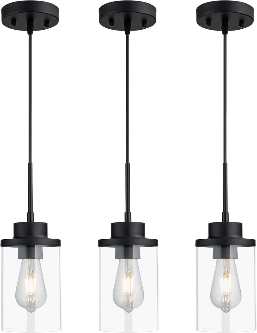 Modern Black Farmhouse Clear Glass Cylinder Pendant Light Fixture, Single Hanging Pendant Lighting for Kitchen Island, Dining Room, Bedroom & Hallway(3 Packs)
