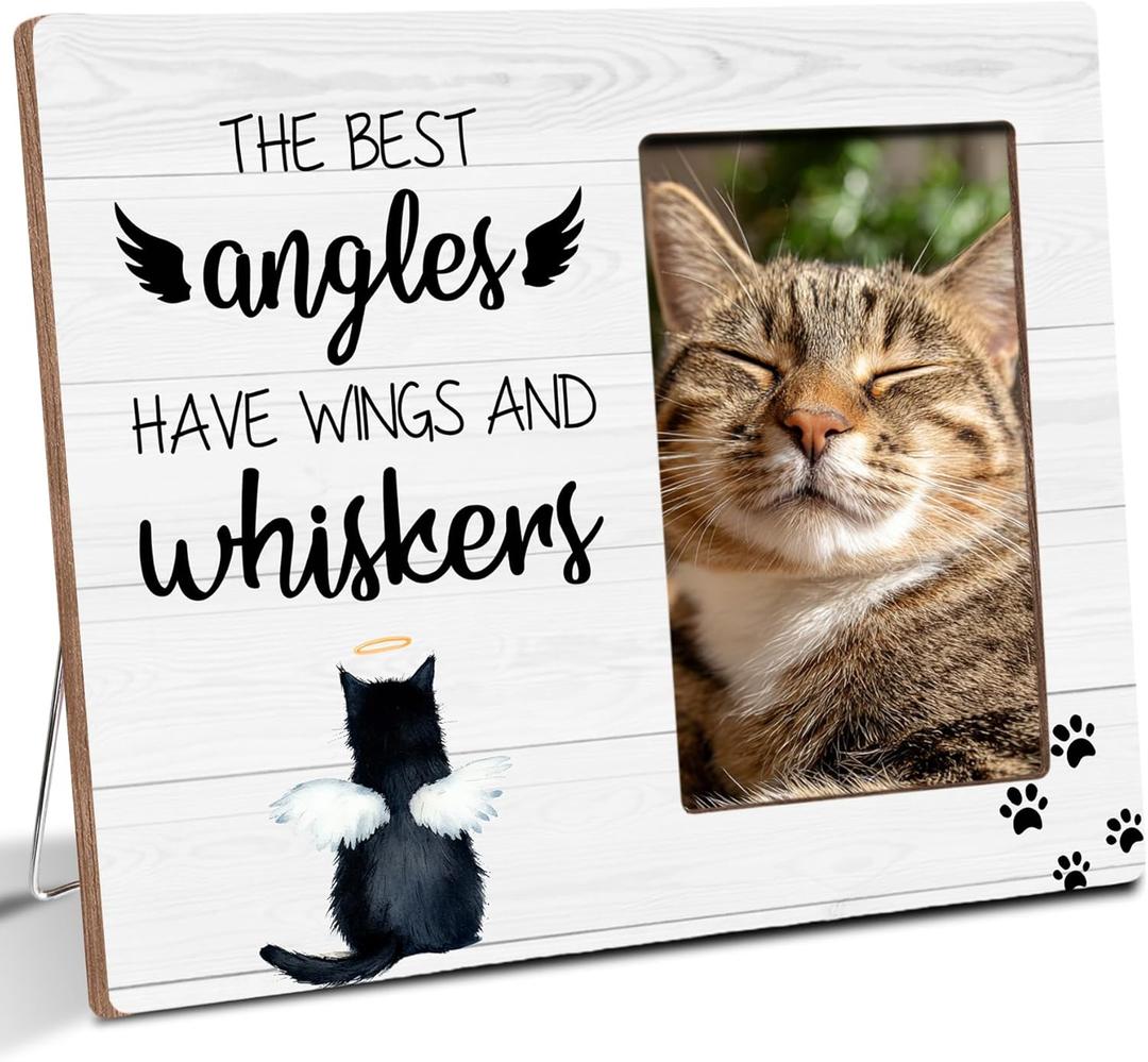 Cat Memorial Wooden Picture Frame Gifts for Loss of Cat, Angels Have Wings And Whiskers, Pet MemorialSympathy Gifts, Fits 4x6 Photo Frame (White)