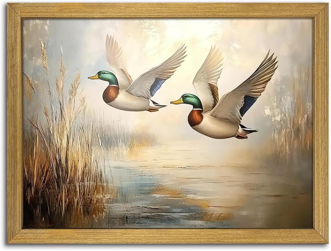 Vintage Mallard Duck Wall Art Painting, Framed Canvas Hunting Wall Decor Oil Paintings, Countryside Art Wildlife Nature Pond Landscape Print Picture for Living Room Bedroom Office Decor 12x16 inch