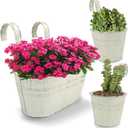 3 PCS Vintage Metal Iron Wall Hanging Flower Pots, Galvanized Hanging Plant Holder with Detachable Hooks, Set of 3 for Railing Fence Balcony Deck Garden Home Decoration (White)