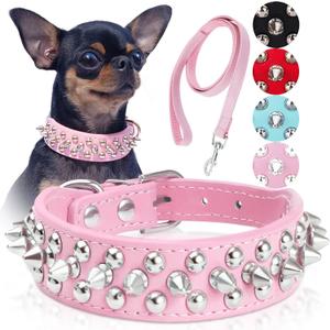 Dog Collars for Medium Dogs with Leash, Epesiri Spiked Dog Collar for Large Dogs, Girl Pink Dog Collar, Studded Rivet Pit Bull Leather Dog Collar Durable Cat Collar for Small Medium Large Pet Gift