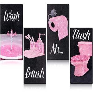 Chinco 4 Pcs Women Funny Wall Art Bathroom Decor 9.84 x 3.94 x 0.2 Inch Glam Bathroom Wall Decor Modern Women Funny Bath Wood Hanging Decoration for Home (Pink)