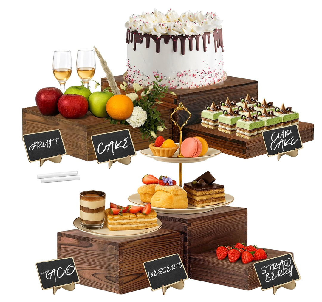 6-Pack Wood Risers Display Stands, Multi-Height Food Risers for Buffet Table, Rustic Wooden Cake & Cupcake Stands for Party, Birthday, Wedding, Halloween Decor