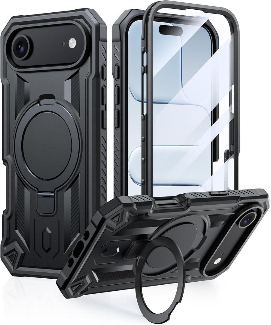 FNTCASE for iPhone Air Phone Case: Magnetic Phone Cases with [Ring Kickstand] [Built-in Screen Protector] [Heavy Duty Military Grade Protection] Drop Proof Rugged Protective Hard Cases Black