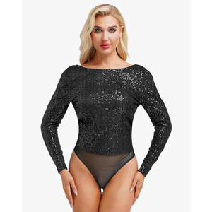 Women's Long Sleeve Round Neck Sequin Jumpsuit with Draped Cowl Back Bodysuit Detail for Date Night L