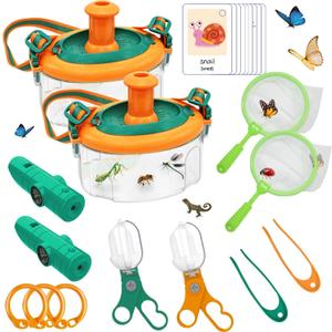 Kimicare 2Sets Bug Catcher for Kids, Insect Catching Set with Bug Tong Tweezer Butterfly Net Bug Container Compass, Bug Toys Outdoor Explorer Kit Gifts for Kids 3-8 Years Old, Orange and Green