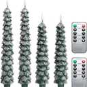 4 Pcs Flameless Taper Candles, Christmas Tree Candles with Remote, Battery Operated Candlesticks, Flickering LED Window Candlelights Real Wax Christmas Candlesticks H9.45,11.4Green