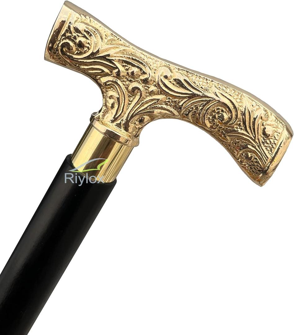 Antique Brass Walking Stick Deluxe Walking Cane Beautiful Brass Golden Handle Walking Stick for Men and Women Gift, 37"