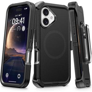 For iPhone 16 Plus Case with Belt Clip Holster, Anti-Shock, Anti-Slip, Compatible with MagSafe, 3-Layer Drop Protection, Heavy Duty Magnetic Phone Case Cover for 16 Plus, 6.7" Black