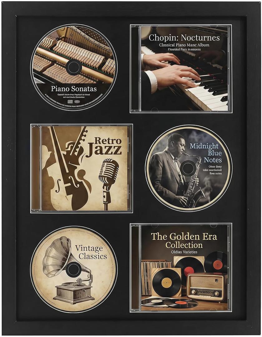 Signed CD Music Display Frame for Wall Mounting | wall cd holder Holds 3 CD/DVD Jewel Cases with Real Glass and Black Mat