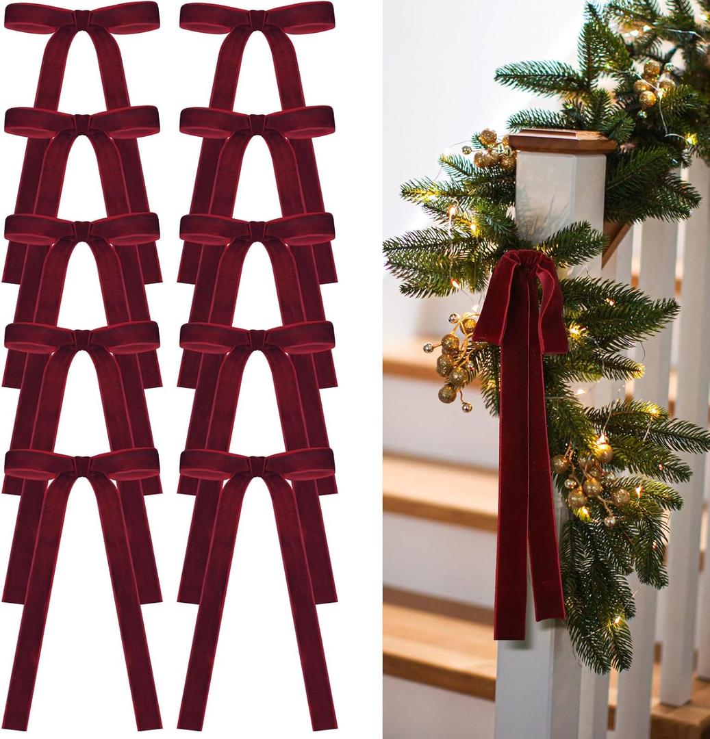 24 Pcs Velvet Bows for Christmas Tree Vintage Ribbon Bows for Crafts Garland Home Coquette Wedding Birthday Decor(9 x 13 Inch, Width of 1",Burgundy)