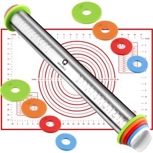 Rolling Pin and Pastry Baking Mat Set, Rolling Pins with Adjustable Thickness Rings, Stainless Steel Dough Roller for Baking Fondant, Pizza, Pie, Pastry, Pasta, Cookies (Red Mat)