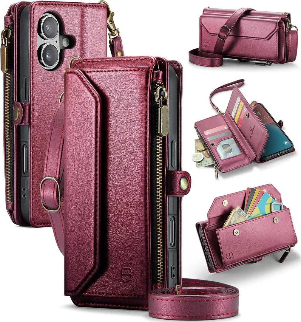 Wallet Case Compatible with iPhone 16 6.1" RFID Blocking 7-Card Holder Soft PU Leather Magnetic Snap Shoulder Strap Zipper Pocket Phone Case Fit for iPhone 16 for Women - WineRed