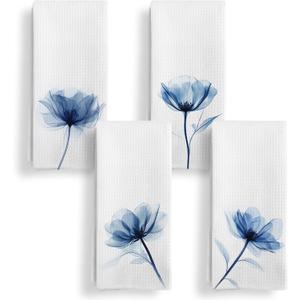 Qeheb Navy Blue Floral Kitchen Towels Set of 4, Watercolor Rustic Flower Botanical Decorative Dish Tea Towels, Cottagecore Wildflower Floral Hand Towels for Bathroom Decor, 16X24In