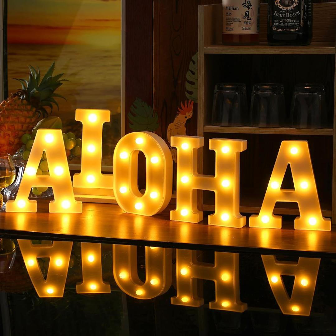 5 Pcs Hawaiian Christmas Luau Party Decorations Mele Kalikimaka Decorations Aloha Light up Sign Aloha LED Marquee Letter for Party Battery Powered Tropical Alphabet Letter LED Lights