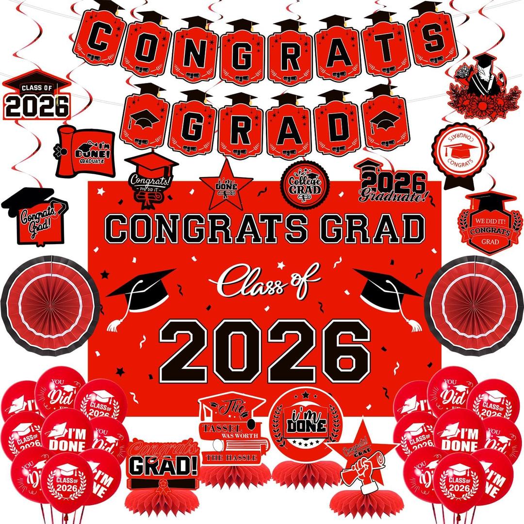Graduation Decorations 2026 Red Themed Set, Congrats Grad Banner Class of 2026 Backdrop Balloons and Streamers Kit High School and College Graduation Party Supplies