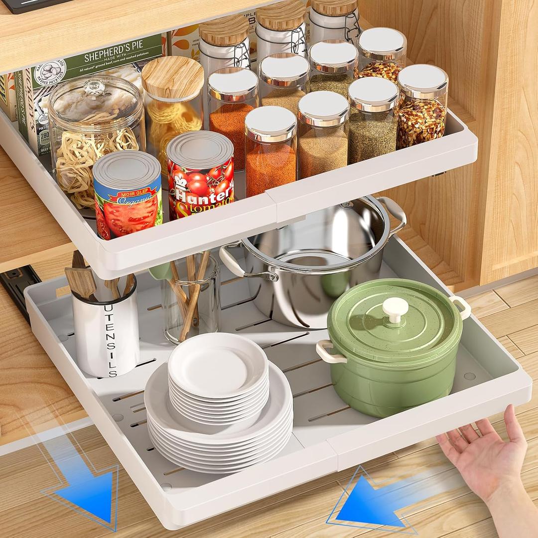2 Pack Pull Out Cabinet Organizers Expandable , Slide Out Drawers for Kitchen, Bathroom, Pantry, Under Sink Storage, Pull Out Drawers Fixed with Adhesive Nano Film (White) Size: 20.8"D x 13"~19"W