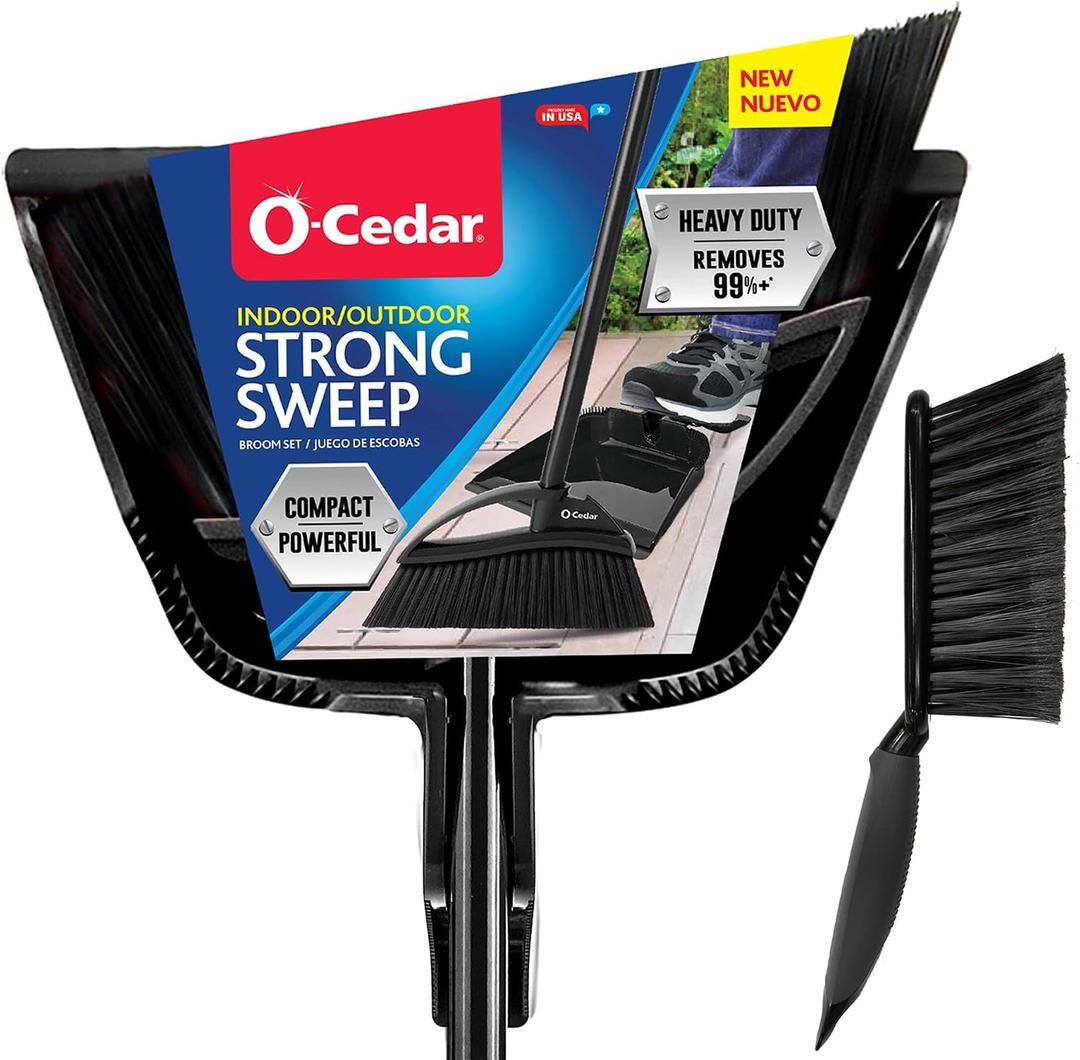 O-Cedar Strong Sweep Broom and Dustpan Set with Detail Brush | Indoor Outdoor Heavy Duty Stiff Bristle Broom | Step-On Dust Pan