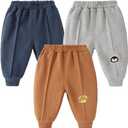 GFQLONG 3 Pack Baby Toddler Boys Cotton Pocket Active Jogger Pants, Casual Solid Elastic Waist Drawstring Sweatpants (6-12 Months, Gray+blue+curry)