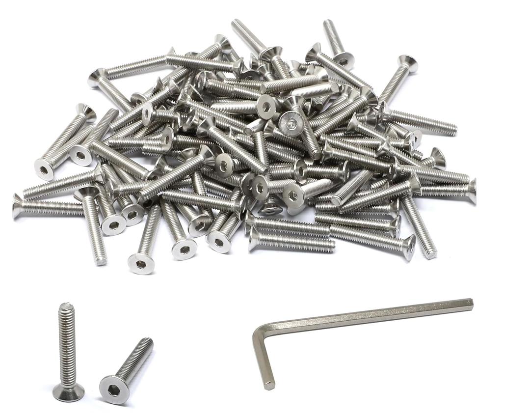 iexcell 100 Pcs M4 x 25mm Thread Pitch 0.7 mm Stainless Steel 304 Hex Socket Flat Head Cap Screws Bolts Kit