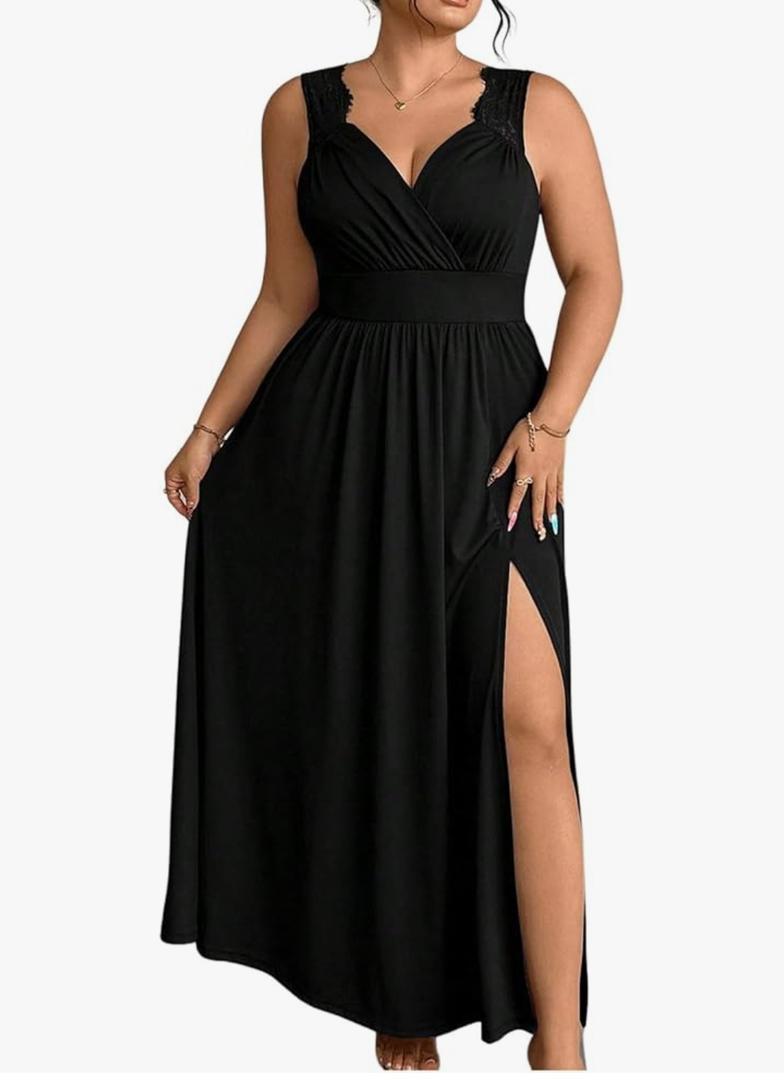 Women's Plus Size Lace Trim Sleeveless Maxi Dress Wrap V Neck High Slit Formal Evening Dresses,XL
