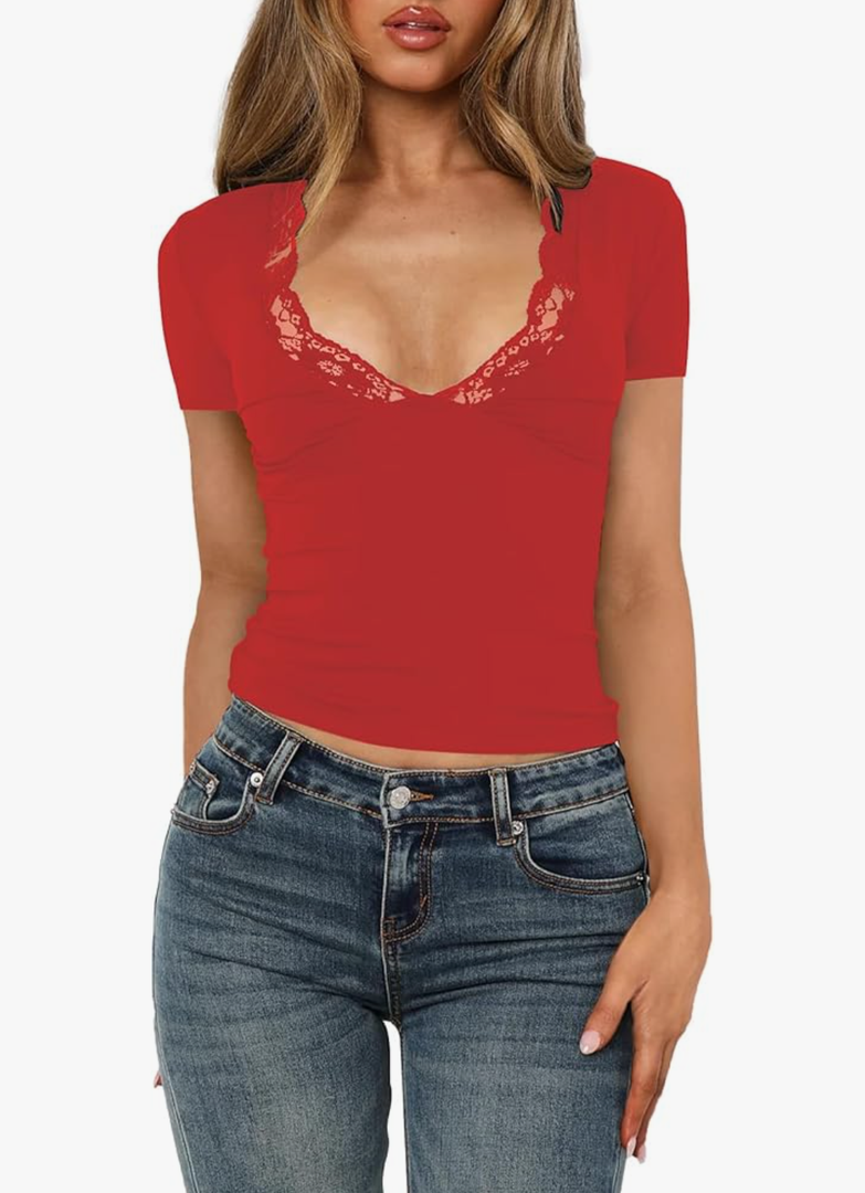 Women's Short Sleeve Sexy Lace V-Neck Summer Going Out 2025 Crop Tops Slim Fit Tees Trendy Y2k Clothing XS, Red